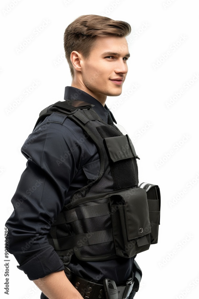 Young policeman wearing security bulletproof vest uniform over white background Young policeman wearing security bulletproof vest uniform over white background