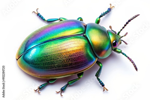 Vibrant oval-bodied whirligig beetle with iridescent sheen, short legs, and delicate antennae isolated on a pure white background with a stylized digital art aesthetic.