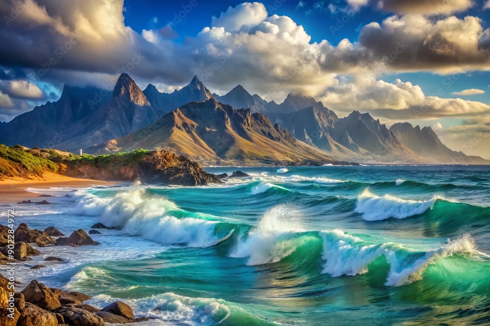 Obraz premium Serenene landscape featuring a vast turquoise ocean with towering mountains rising in the background, waves crashing forcefully against rugged rocky shores.