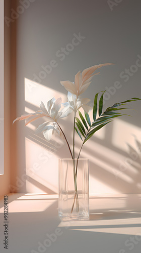 Digital white minimalist plant light and shadow scene geometric poster background with Generative