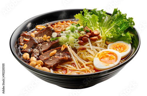 A bowl of Chinese rice noodles, clear soup, topped with pieces of Braised beef slices quail eggs, garnished with lettuce and some peanuts on top, transparent background, black bowl