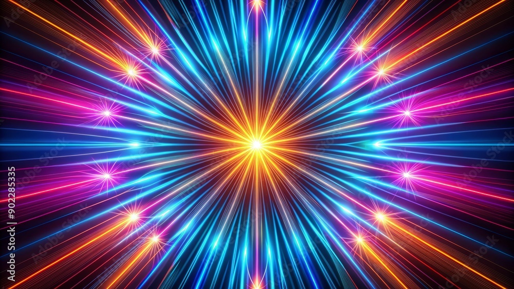 Vibrant neon lines radiate from a central point in a starburst pattern, illuminating a dark charcoal background with electric blues, hot pinks, and sunny yellows. Vibrant neon lines radiate from a central point in a starburst pattern, illuminating a dark charcoal background with electric blues, hot pinks, and sunny yellows.