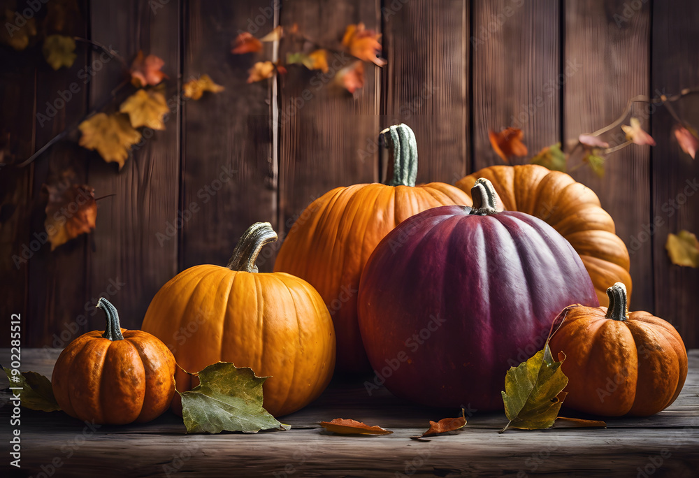 A variety of pumpkins in different shapes and colors, including orange, green, and gray, arranged on a wooden surface with autumn leaves scattered around. A variety of pumpkins in different shapes and colors, including orange, green, and gray, arranged on a wooden surface with autumn leaves scattered around.