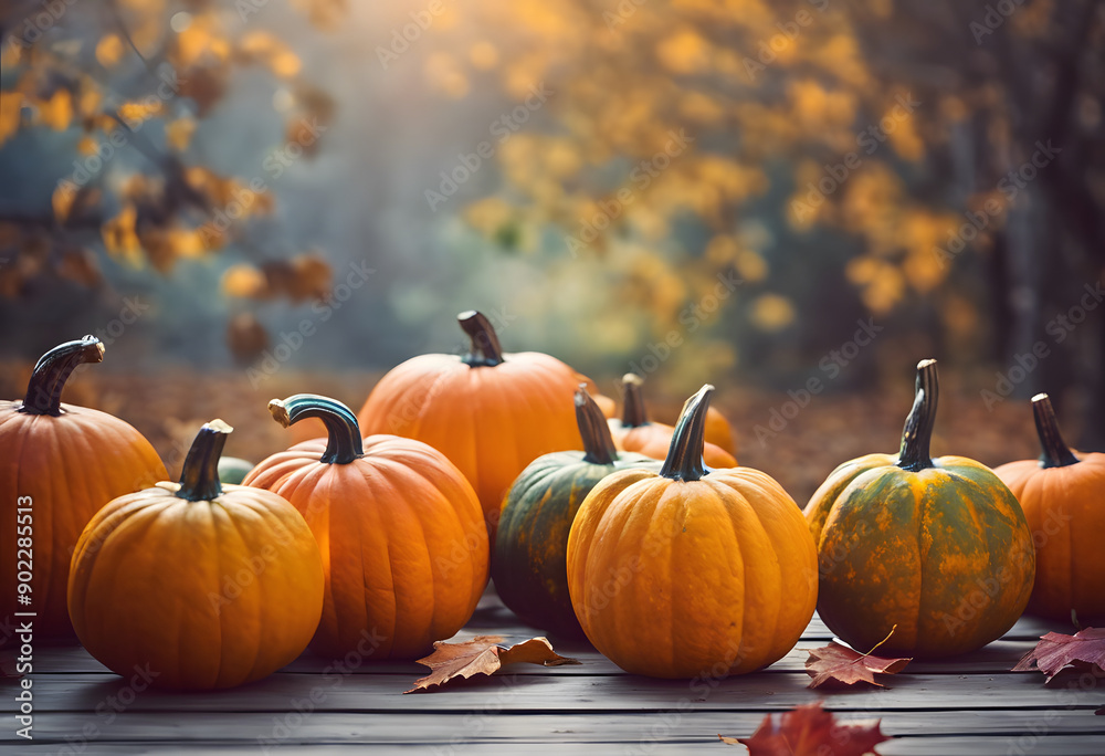 A variety of pumpkins in different shapes and colors, including orange, green, and gray, arranged on a wooden surface with autumn leaves scattered around.