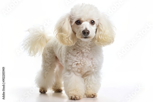 Adorable standing white poodle dog with curly fur, isolated on a pure white background, looking straight ahead with curious eyes and floppy ears.