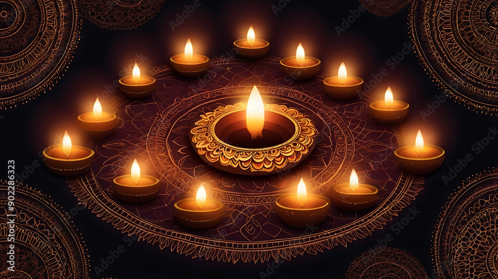 A stunning digital illustration of Diwali lights and traditional diyas glowing against a dark background, with intricate patterns and space for text. A stunning digital illustration of Diwali lights and traditional diyas glowing against a dark background, with intricate patterns and space for text.