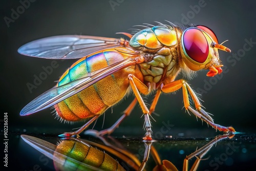 Vibrant orange fruit fly with iridescent wings and tiny compound eyes perches alone on a transparent background, showcasing intricate details and natural beauty. photo