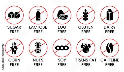 Set allergen free icons. Allergen free products. Products warning symbols. Lactose, gluten, sugar, corn, egg, trans fat, soy, nuts free, coffeine sign.