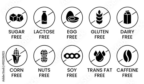 Set allergen free icons. Allergen free products. Products warning symbols. Lactose, gluten, sugar, corn, egg, trans fat, soy, nuts free, coffeine sign. photo