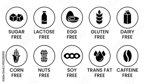 Set allergen free icons. Allergen free products. Products warning symbols. Lactose, gluten, sugar, corn, egg, trans fat, soy, nuts free, coffeine sign.