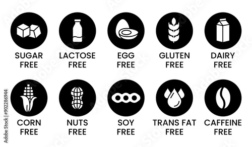 Set allergen free icons. Allergen free products. Products warning symbols. Lactose, gluten, sugar, corn, egg, trans fat, soy, nuts free, coffeine sign.