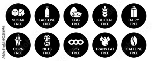 Set allergen free icons. Allergen free products. Products warning symbols. Lactose, gluten, sugar, corn, egg, trans fat, soy, nuts free, coffeine sign.