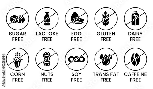Set allergen free icons. Allergen free products. Products warning symbols. Lactose, gluten, sugar, corn, egg, trans fat, soy, nuts free, coffeine sign.