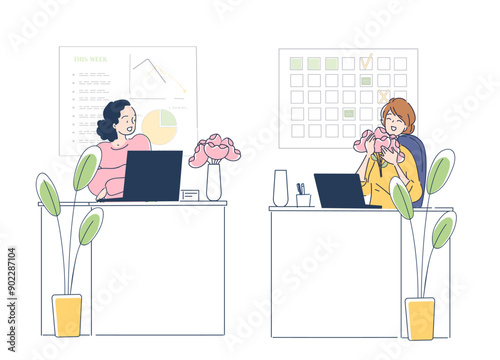 Worker with gifted bouquet. Women in office sitting with flowers in vase. Romantic gift, present or surprise. Happy girlfriend at workplace. Linear vector illustration isolated on white background