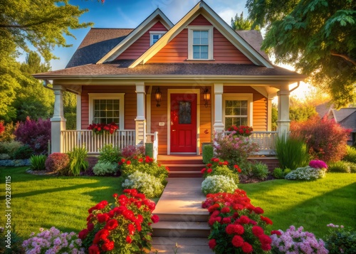 Warm sunlight illuminates the inviting facade of a charming Utah home featuring a bright red door, porch, and lush green yard with vibrant flowers. © Caitlin