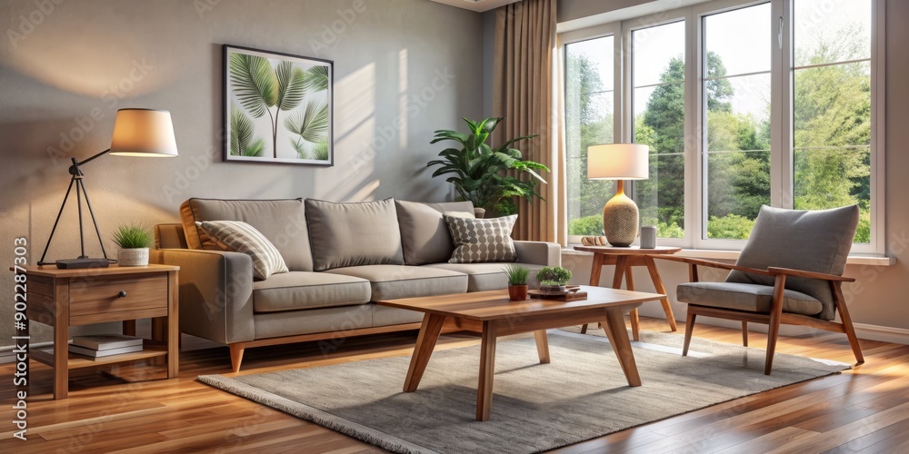 Cozy modern living room interior design mockup featuring a comfortable armchair, sleek sofa, and a stylish wooden drawing table amidst warm, natural lighting. Cozy modern living room interior design mockup featuring a comfortable armchair, sleek sofa, and a stylish wooden drawing table amidst warm, natural lighting.