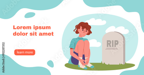 Girl at funeral. Schoolgirl sits near graveyard and tombstone. Loneliness, frustration and depression. Psychological and mental problems. Landing webpage design. Flat vector illustration