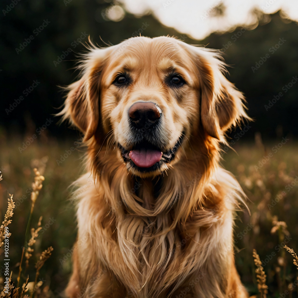 Obraz premium A Golden dog with a long haircut is sitting in a field.