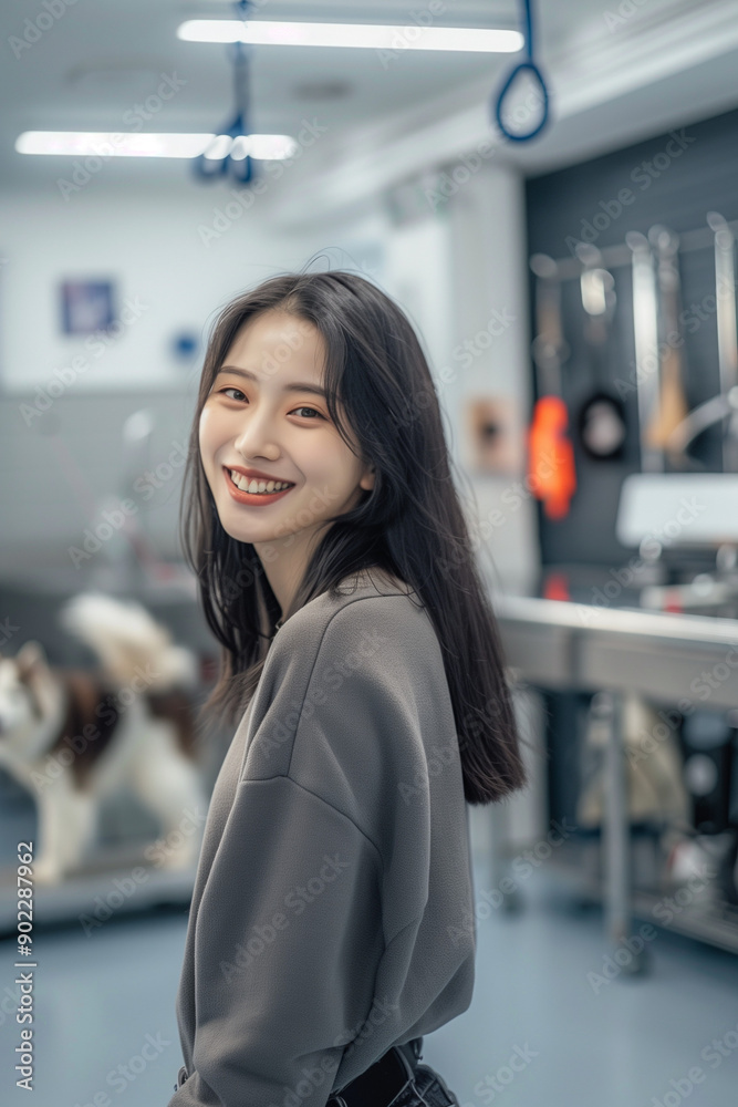 Young breathtaking black-haired South Korean girl in a dog grooming salon Young breathtaking black-haired South Korean girl in a dog grooming salon