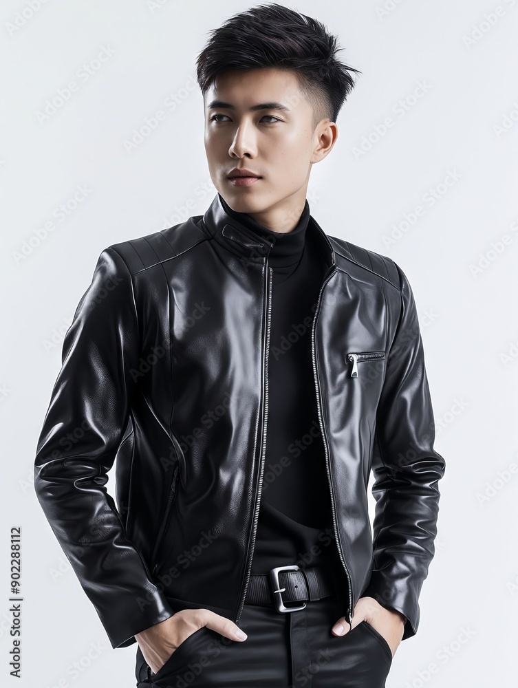 Fototapeta premium A man wearing a black leather jacket and black pants