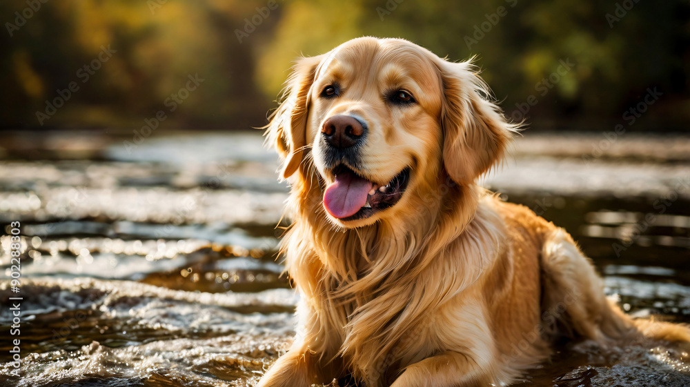Obraz premium A Golden dog with a long haircut is sitting in a field.
