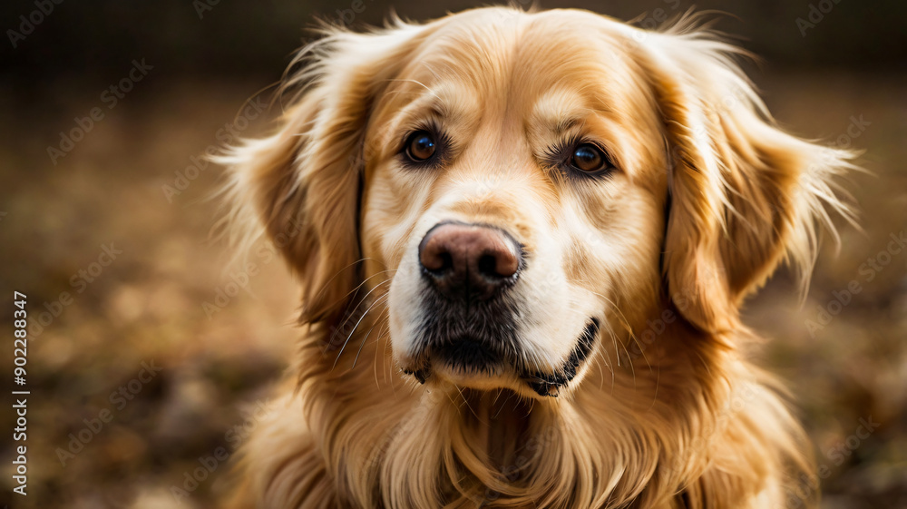 Obraz premium A Golden dog with a long haircut is sitting in a field.