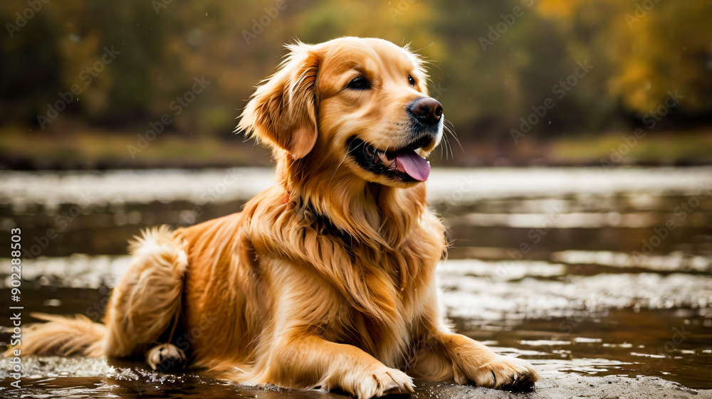 Obraz premium A Golden dog with a long haircut is sitting in a field.