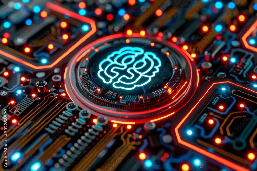 Fototapeta premium Advanced Circuit Board with Glowing Brain Neural Network in High Tech Setting