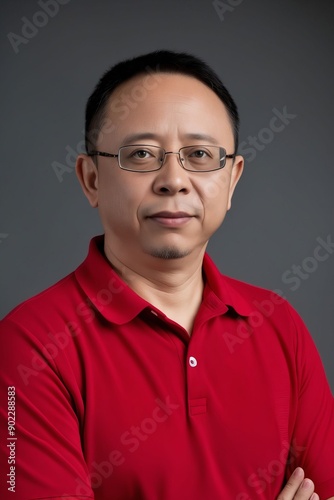 A man in a red polo shirt with his arms crossed