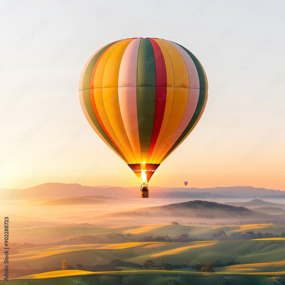 Colorful hot air balloon soaring over misty green hills at sunrise, creating a serene and picturesque landscape view.