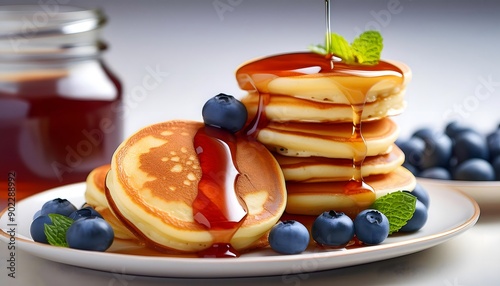 Stack of Pancakes with Syrup and Berries on White Plate. Homemade Pancakes  with blueberries and honey. stack of pancakes