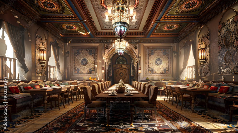 Luxurious dining room with ornate decor and intricate patterns. Luxurious dining room with ornate decor and intricate patterns.
