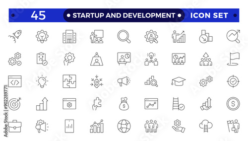  Startup and development outline icons set. Start up symbols collection. Launch, development, investment, innovation. Line icons related to project, startup, management, business.