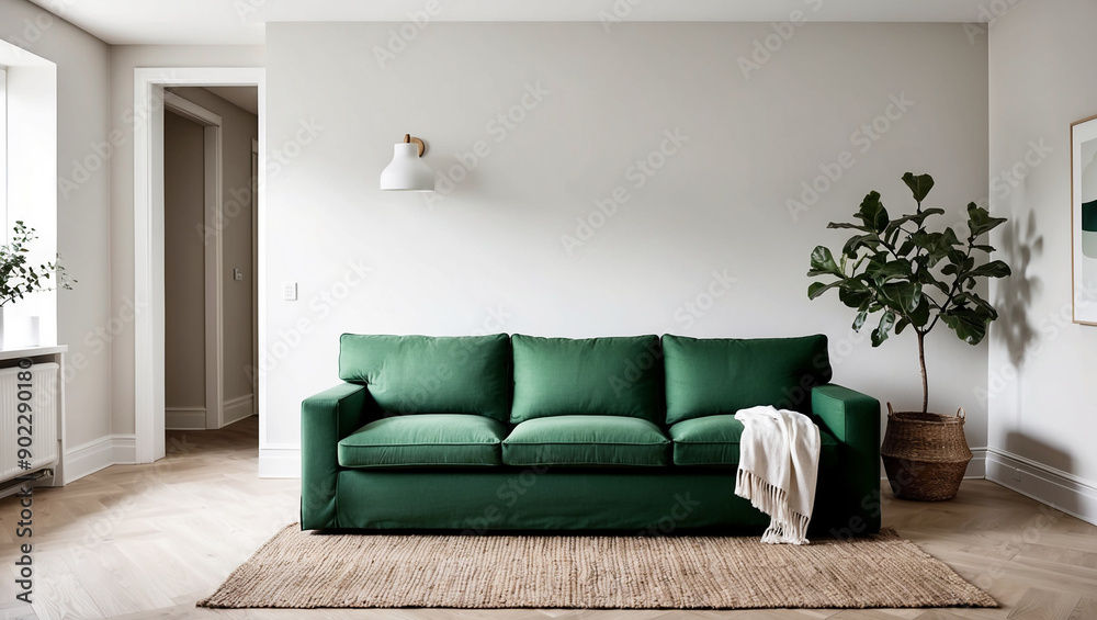 Scandinavian minimalist green sofa in the living room with neutral colored walls and wooden floors. Scandinavian minimalist green sofa in the living room with neutral colored walls and wooden floors.