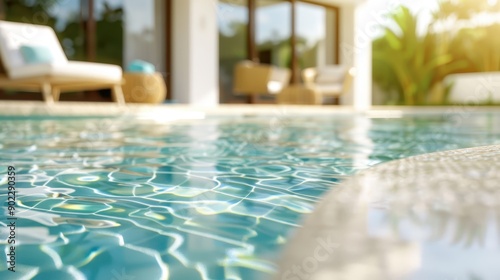 Tranquil Morning at a Luxury Poolside in a Tropical Resort, with Relaxing Atmosphere