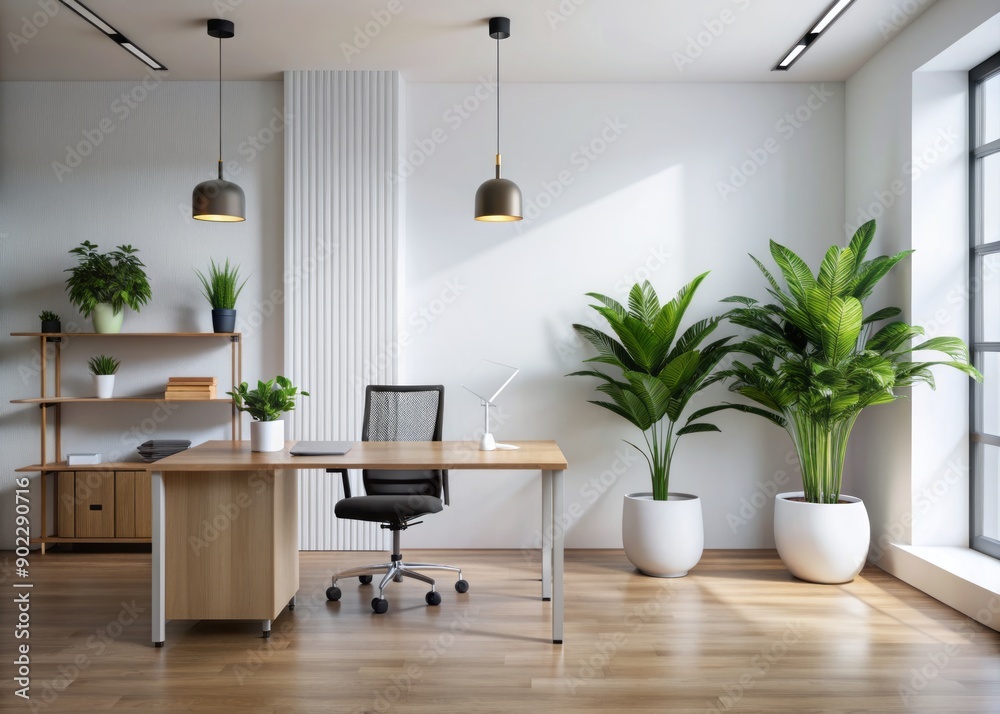 Modern office interior featuring a crisp white wall for mockups, accented by a lush potted plant, exuding a sense of clean minimalism and professional sophistication. Modern office interior featuring a crisp white wall for mockups, accented by a lush potted plant, exuding a sense of clean minimalism and professional sophistication.