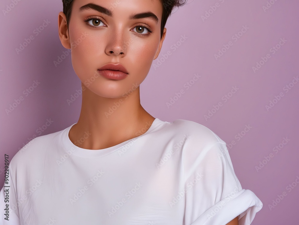 A woman wearing a white t-shirt on a pink background A woman wearing a white t-shirt on a pink background