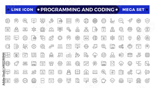 Programming coding set of web icons in line style. Software development icons for web and mobile app. Code, api, programmer, developer, information technology, coder outline icon collection.