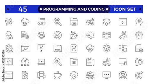 Programming coding set of web icons in line style. Software development icons for web and mobile app. Code, api, programmer, developer, information technology, coder outline icon collection.