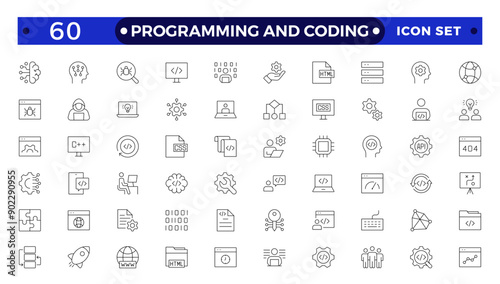 Programming coding set of web icons in line style. Software development icons for web and mobile app. Code, api, programmer, developer, information technology, coder outline icon collection.