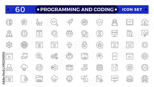 Programming coding set of web icons in line style. Software development icons for web and mobile app. Code, api, programmer, developer, information technology, coder outline icon collection.
