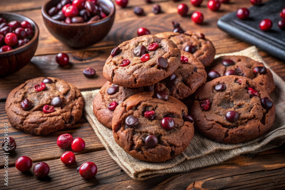 Freshly baked double chocolate cranberry cookies, warm from the oven, sit on a rustic wooden table, surrounded by crimson cranberries and dark chocolate chips. Freshly baked double chocolate cranberry cookies, warm from the oven, sit on a rustic wooden table, surrounded by crimson cranberries and dark chocolate chips.