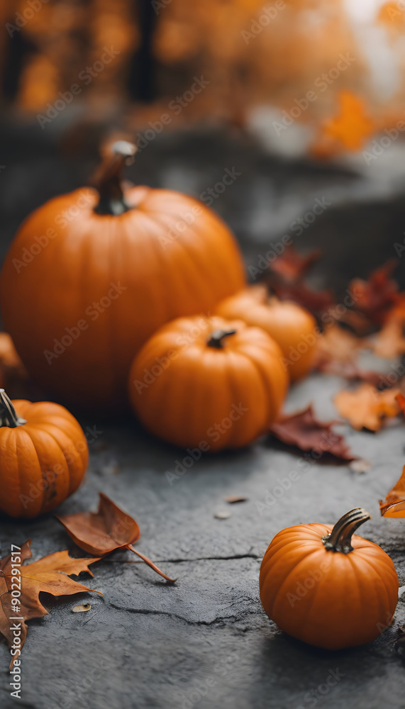 A serene autumn scene featuring several pumpkins scattered surrounded by vibrant orange and yellow leaves. Creating a warm, seasonal atmosphere. Halloween concept. A serene autumn scene featuring several pumpkins scattered surrounded by vibrant orange and yellow leaves. Creating a warm, seasonal atmosphere. Halloween concept.
