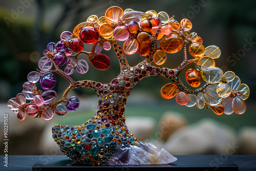 Colorful bead tree sculpture, vibrant hues and intricate details, handmade art piece. photo