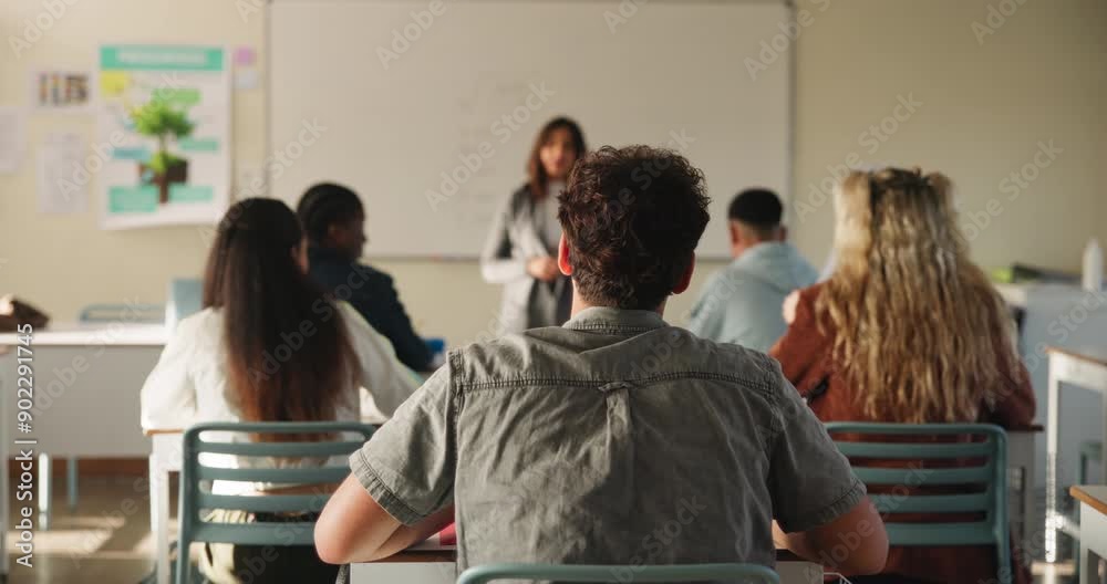 Classroom, students and raised hand for teacher question with education, learning and knowledge in academy. High school, people and pupil back with asking for solution, scholarship and why for answer