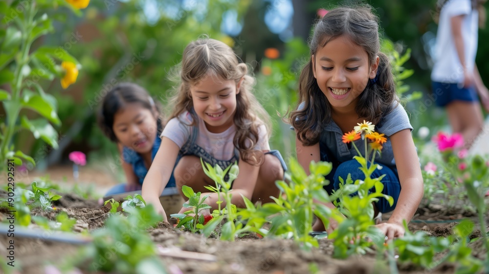 Three smiling children work together, planting and tending to flowers in a lush garden, enjoying nature and teamwork.