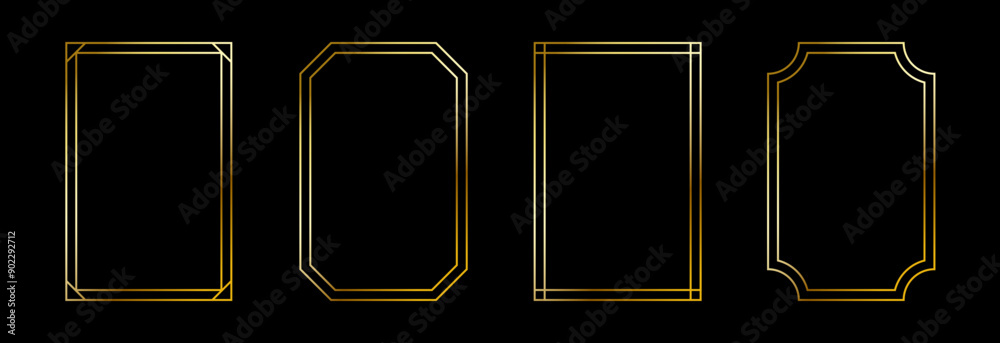 Thin golden frame set. Gold rectangular border collection in art deco style. Thin linear shining rectangle shape bundle. Metal glowing shiny boarder element pack for photo, cadre, poster, card. Vector