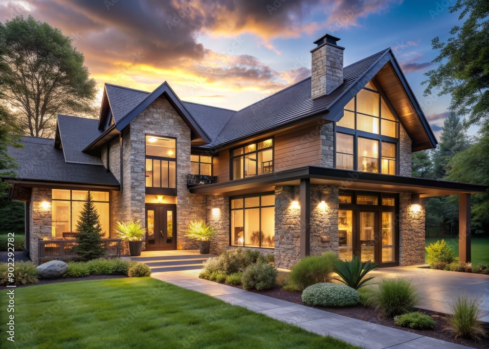 Warm golden lighting illuminates the rustic-chic exterior of a luxurious modern farmhouse at twilight, featuring natural stone, wooden accents, and lush greenery surroundings.