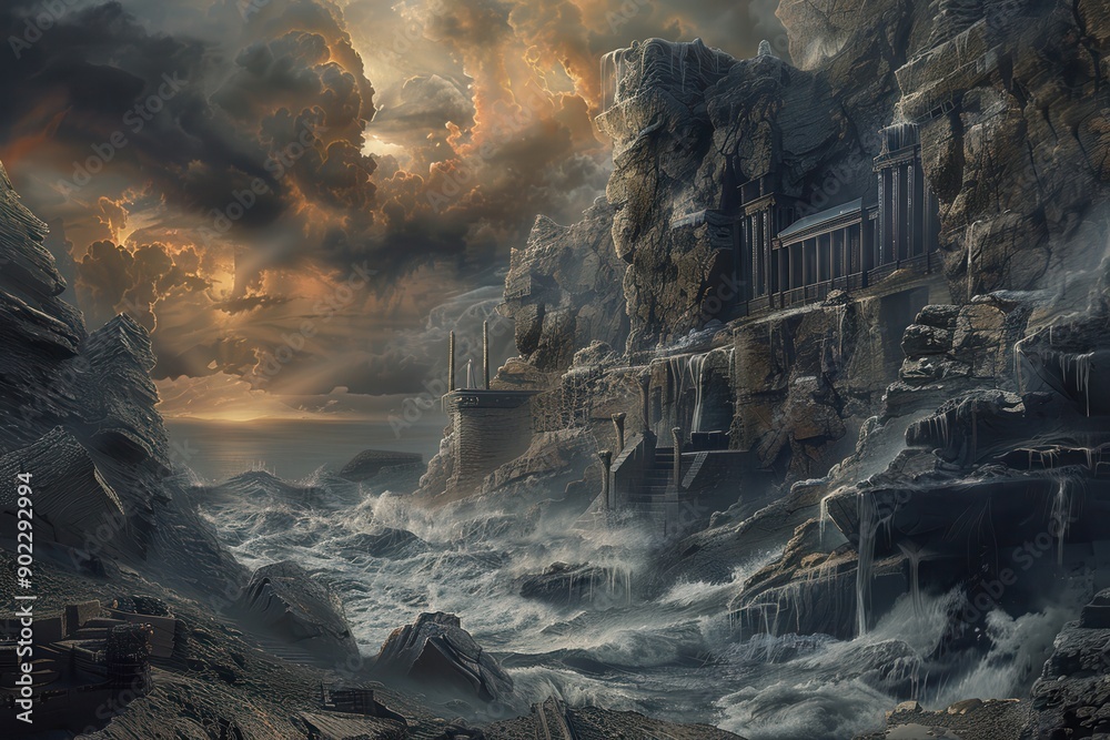 Fotografie Ancient ruins on a stormy coast