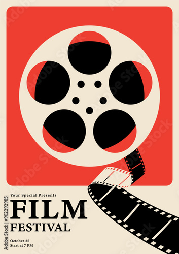 Movie and film festival poster template design. Film reel and filmstrip vintage retro style